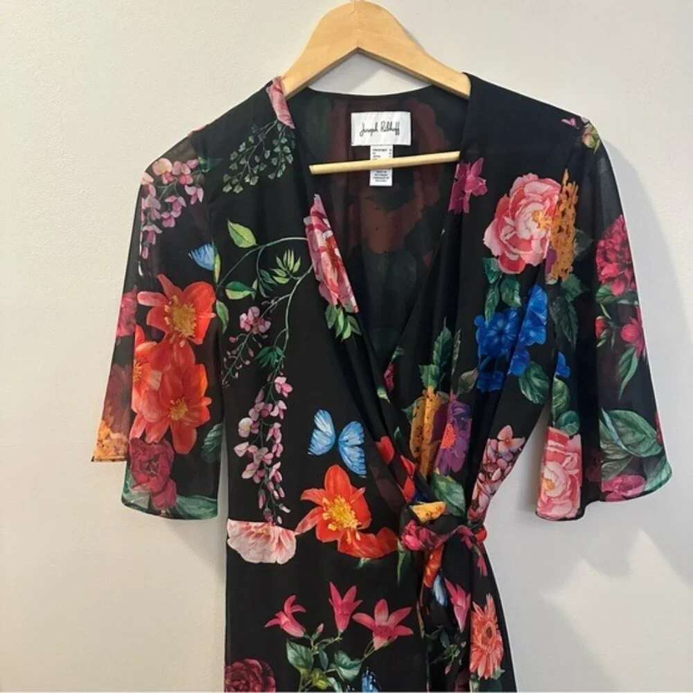Joseph Ribkoff Floral Wrap Midi Dress Black Multicolor Size 8 Elegant Chic